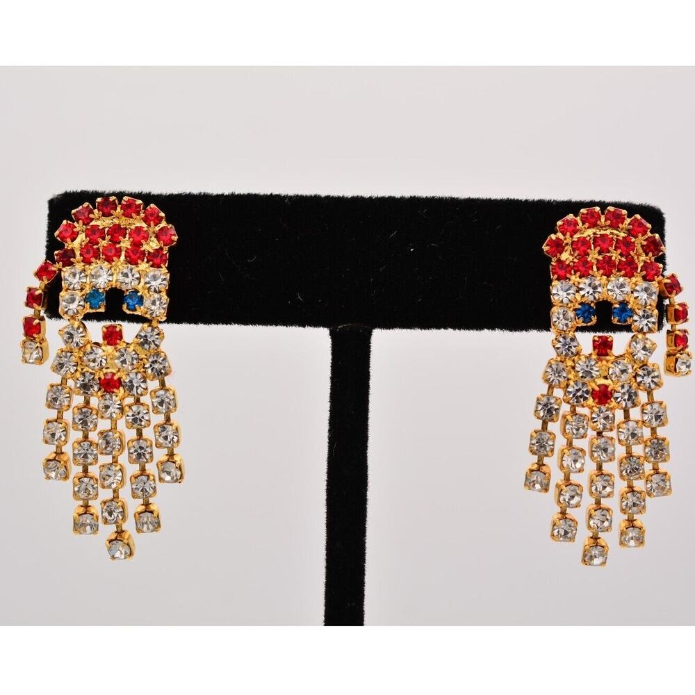 Vintage Santa Claus Earrings Crystal Rhinestone Dangle Gold Tone Christmas BinAF